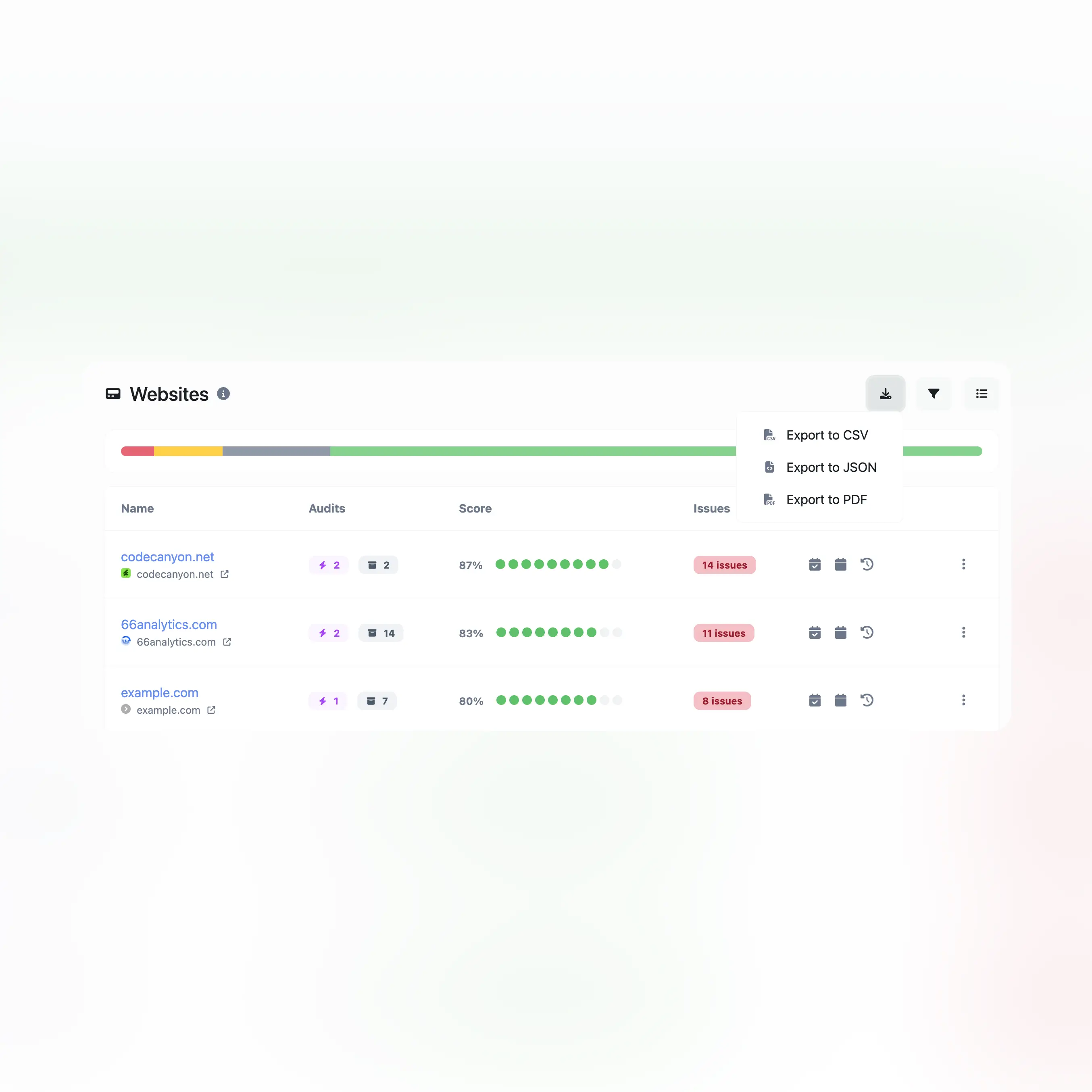 Screenshot of the app CSV, PDF, CSV exporting features